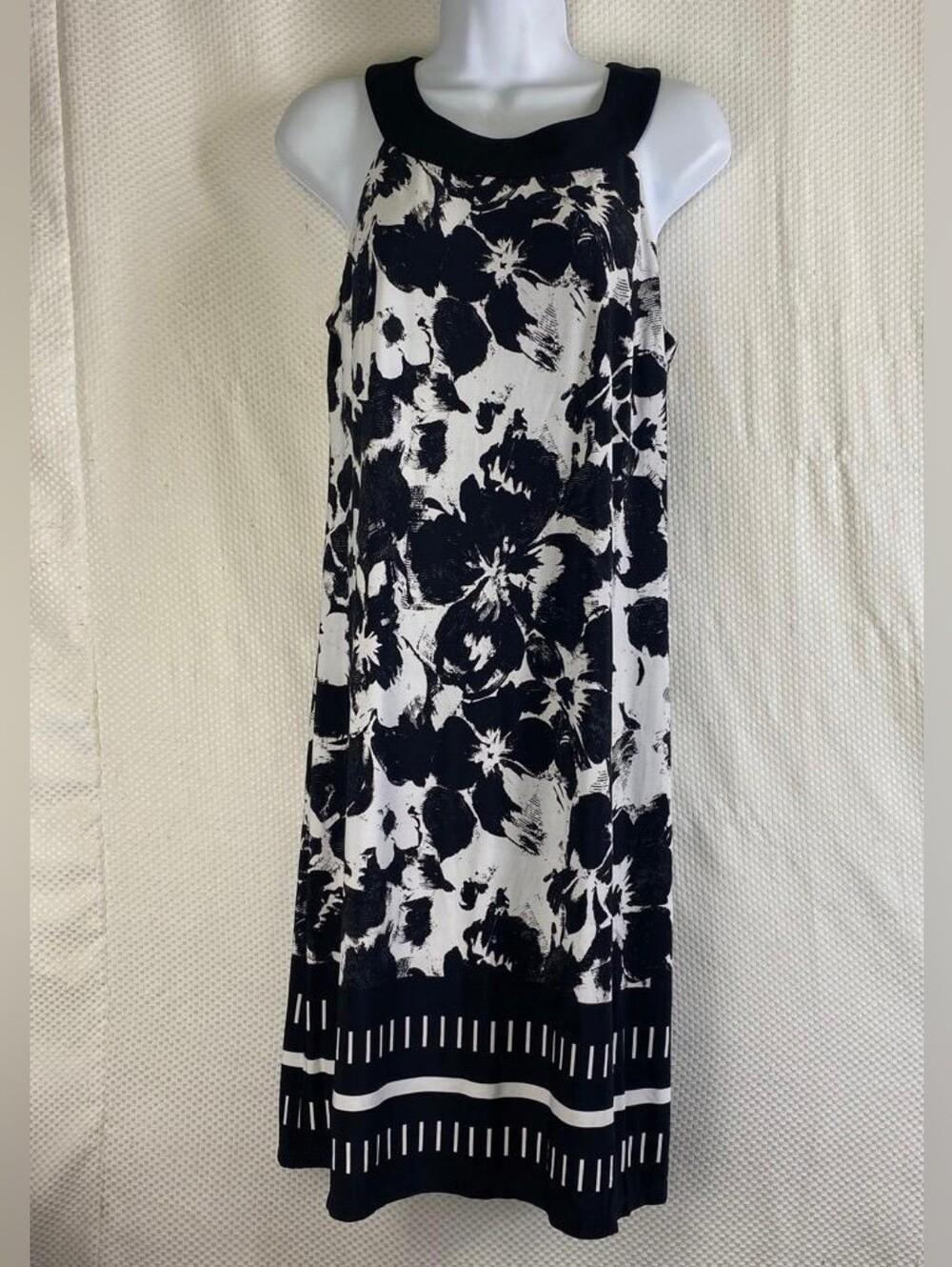 ): Thalia Sodi Black White Floral Halter Sheath Dress Striped Border Size M
